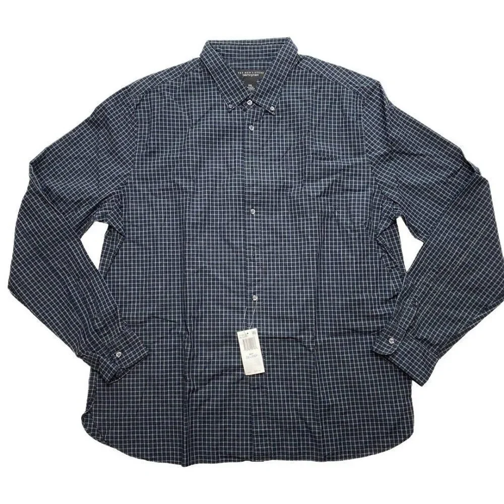 The Men's Store Button Down Shirt Men's 2XL XXL Navy Gray Blue Plaid Collar NEW